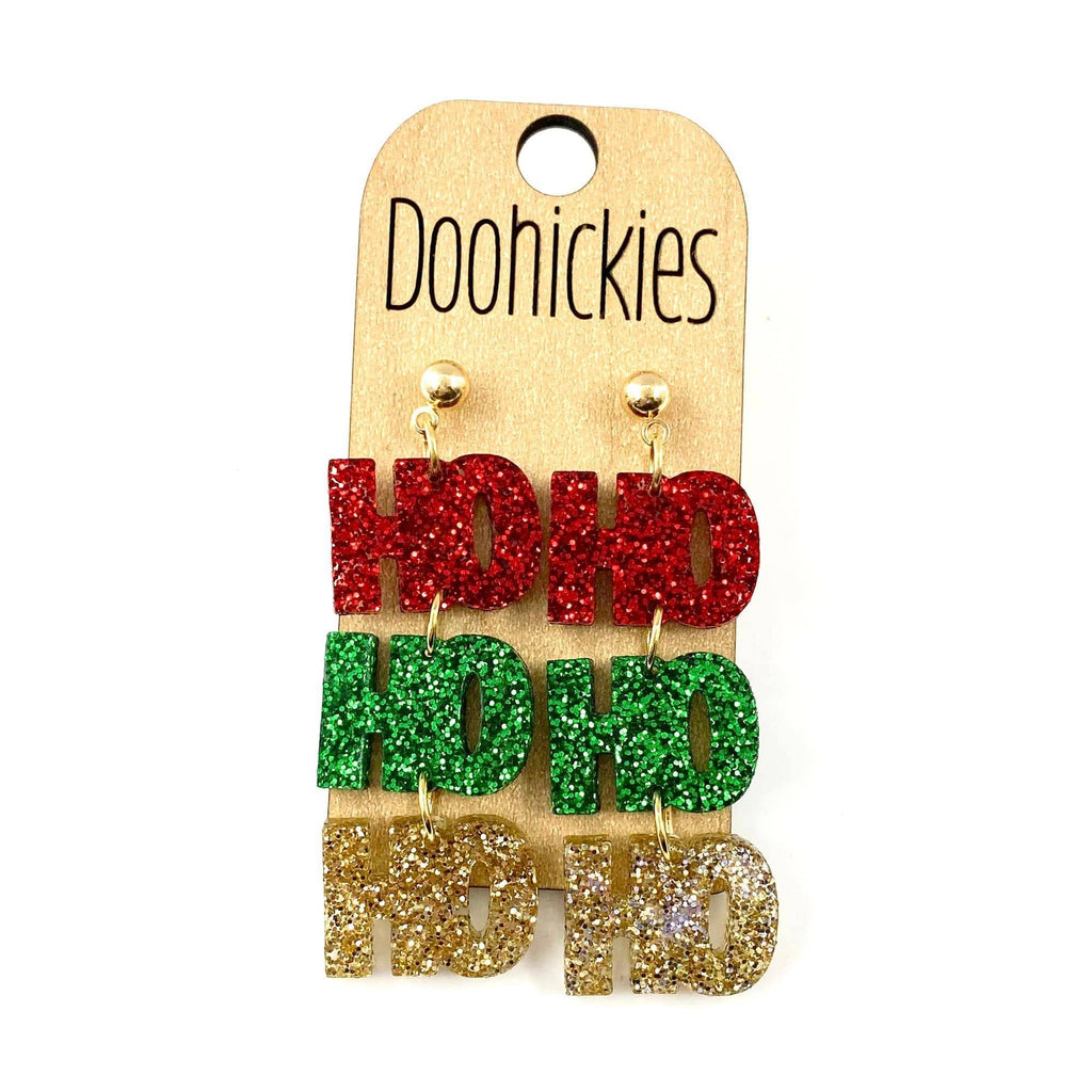 2" HoHoHo Glitter Dangles - Christmas Acrylic Earrings