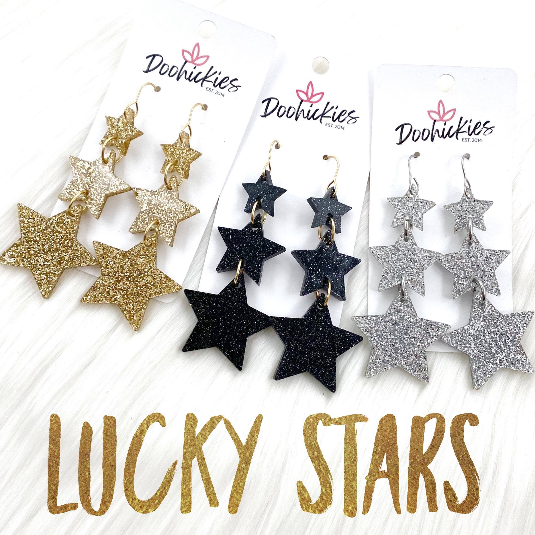 3.25" Lucky Star Waterfall Drops Acrylic Earrings: Glitter Black