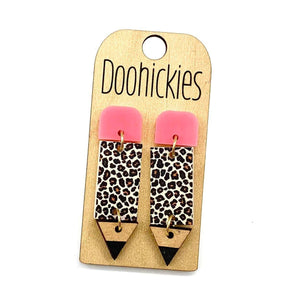 2" Lil' Pencil Acrylic Dangles - Back to School Teacher Earrings: Leopard