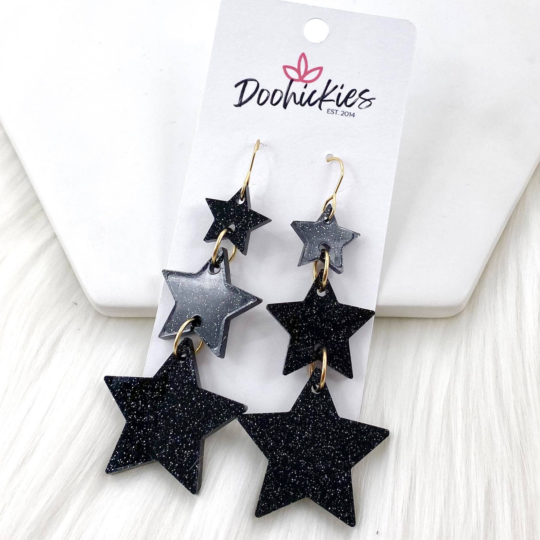 3.25" Lucky Star Waterfall Drops Acrylic Earrings: Glitter Black