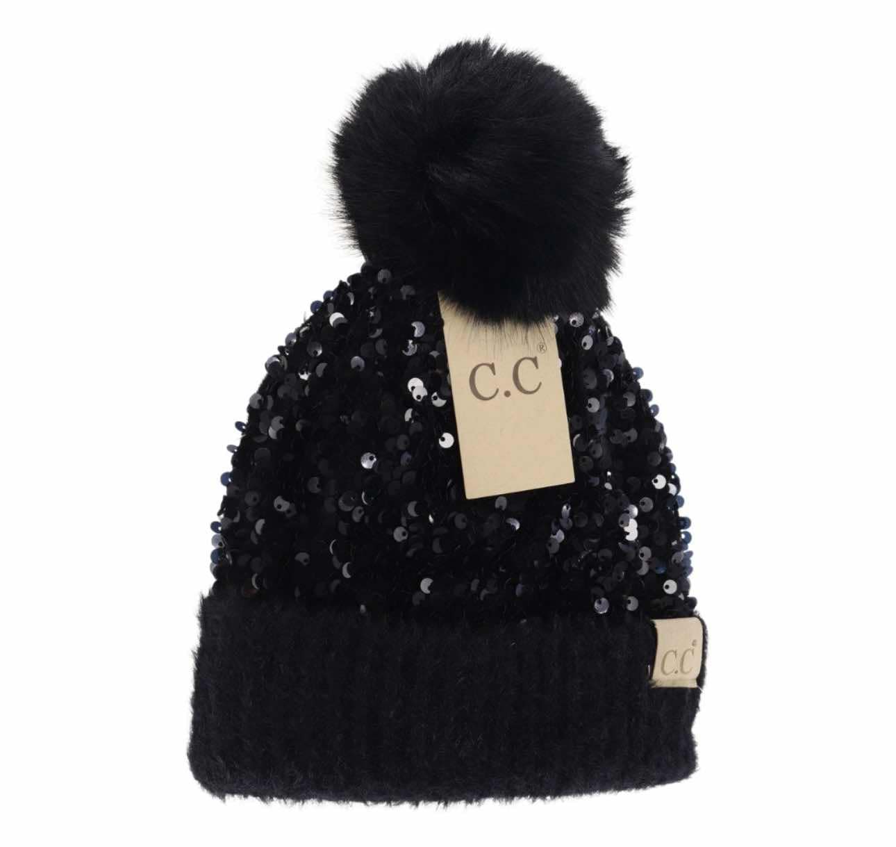 Kids Cluster Sequin Faux Fur Pom C.C. Beanie