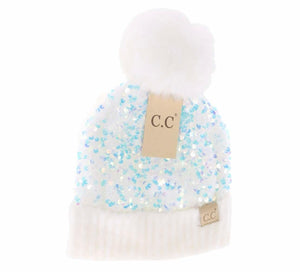 Kids Cluster Sequin Faux Fur Pom C.C. Beanie