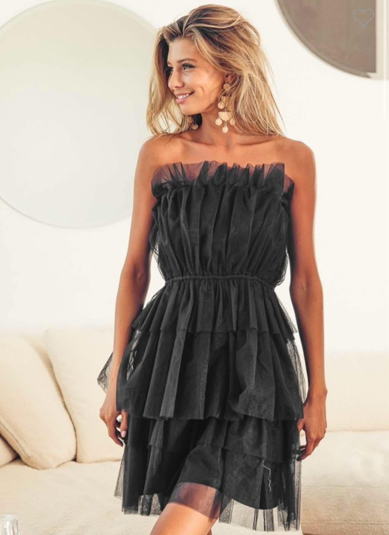 Midnight Whispers Off the Shoulder Layered Organza Dress