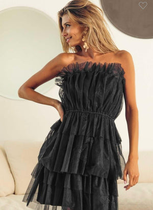 Midnight Whispers Off the Shoulder Layered Organza Dress