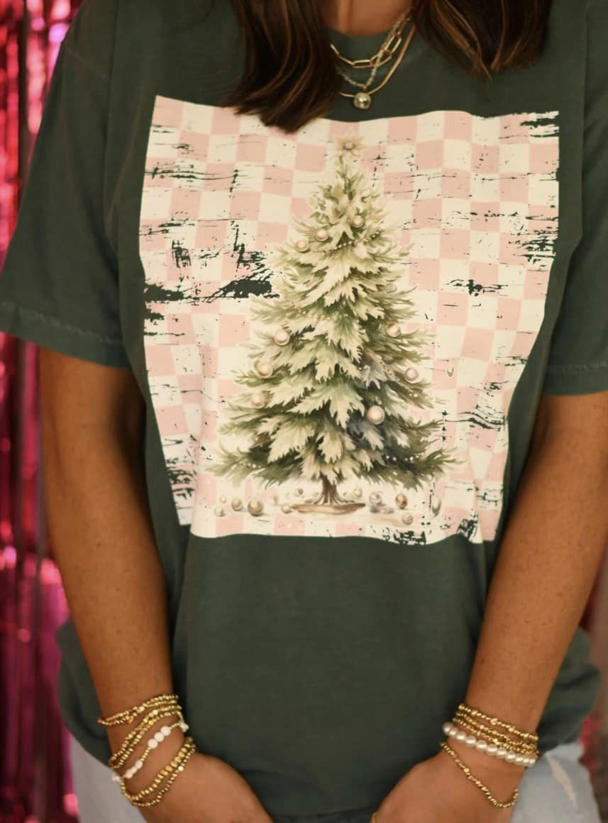 Pink Distressed Checkered Christmas Tree Tee