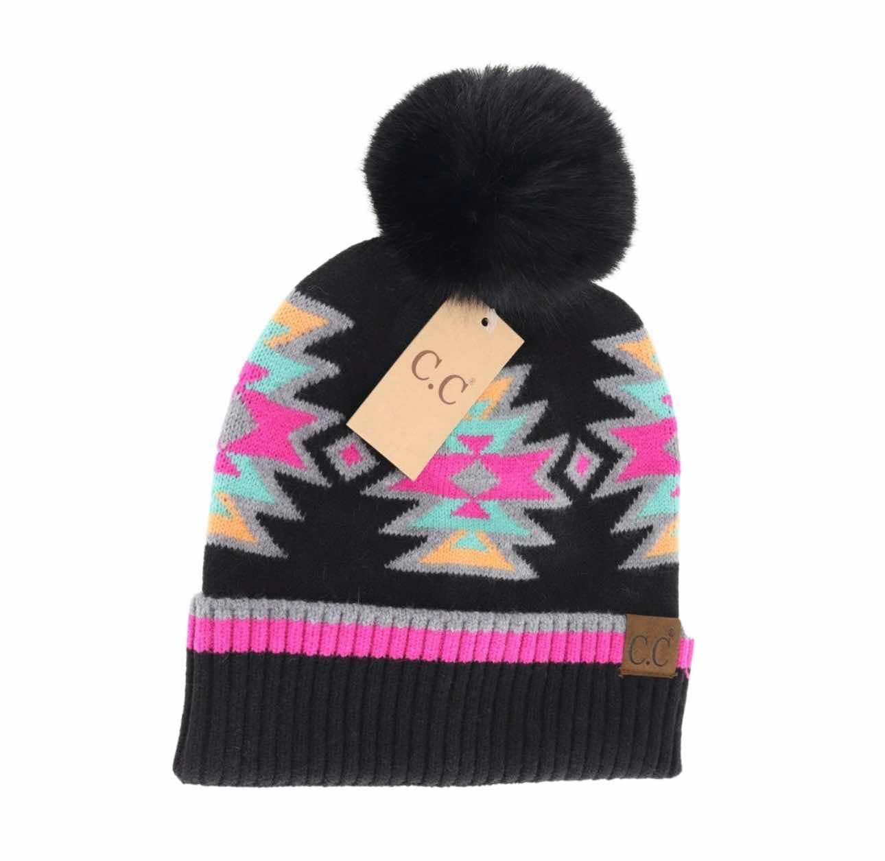 Southwestern Faux Fur Pom Beanie