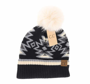 Southwestern Faux Fur Pom Beanie