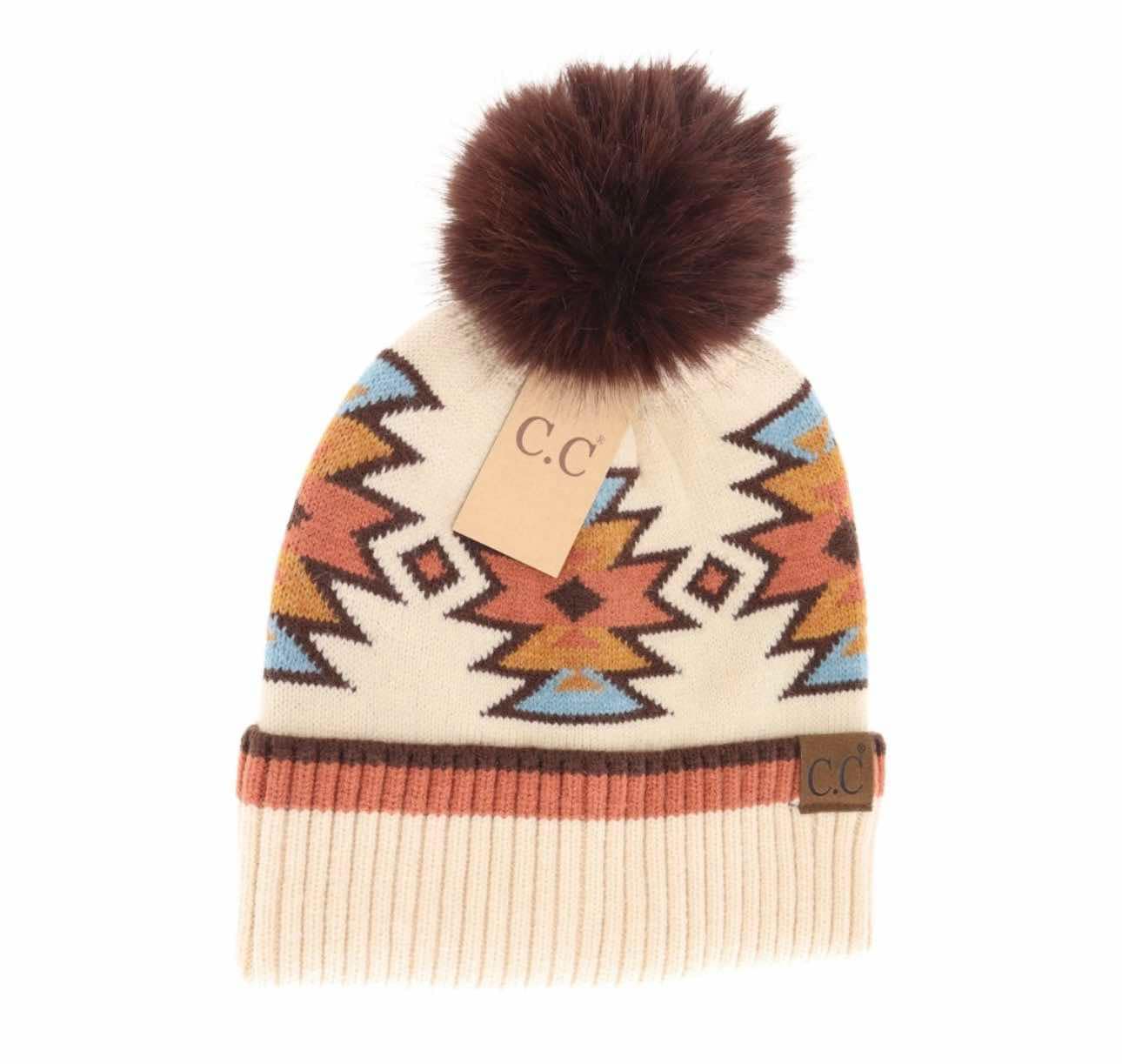 Southwestern Faux Fur Pom Beanie