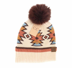 Southwestern Faux Fur Pom Beanie