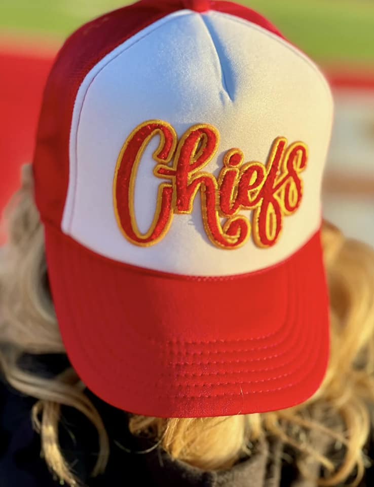 White Red & Gold Chiefs Chenille Patch Trucker Cap