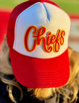 White Red & Gold Chiefs Chenille Patch Trucker Cap