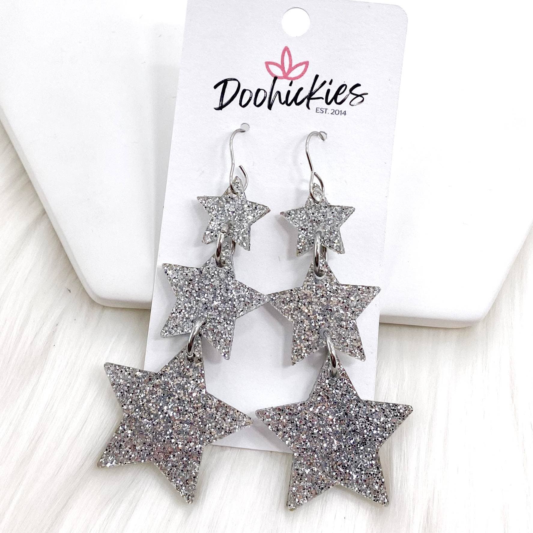 3.25" Lucky Star Waterfall Drops  Acrylic Earrings: Glitter Silver