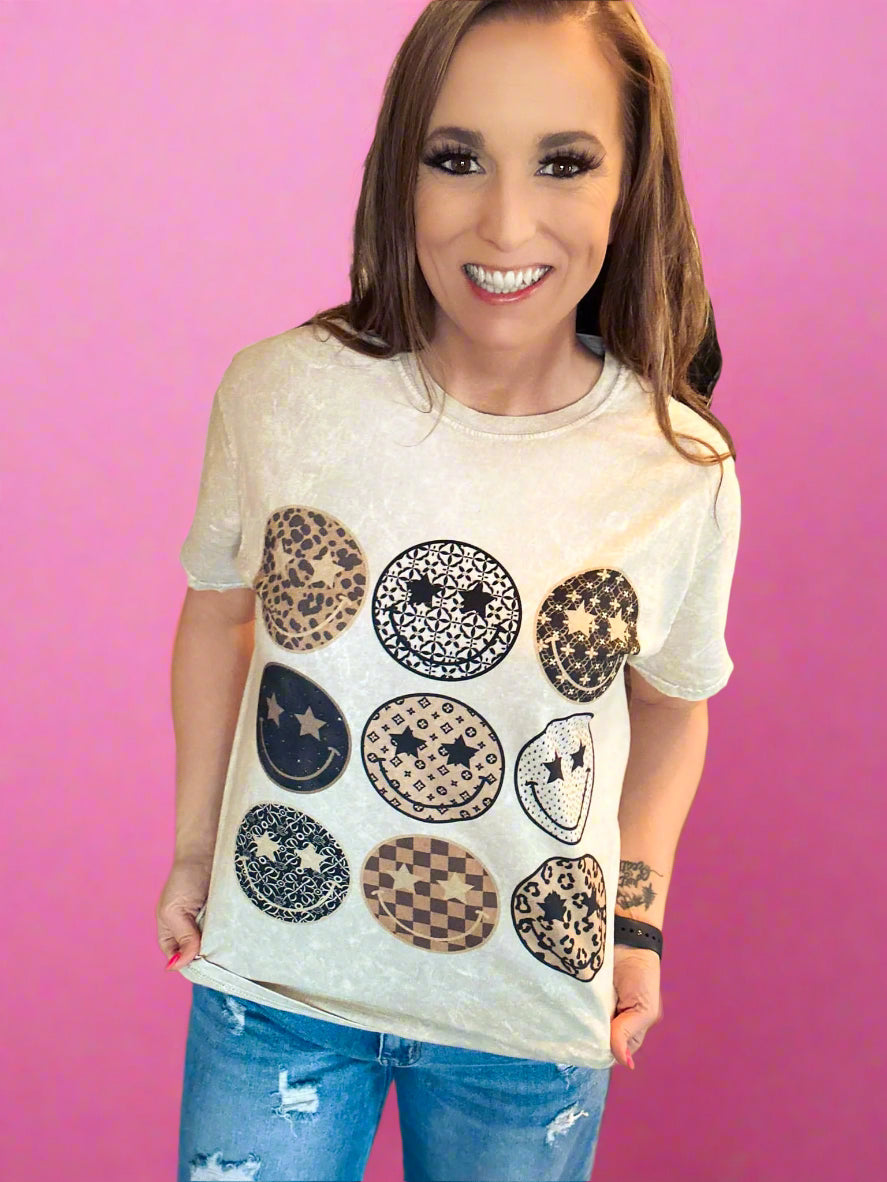 Preppy Smiley Mineral Washed Taupe Tee